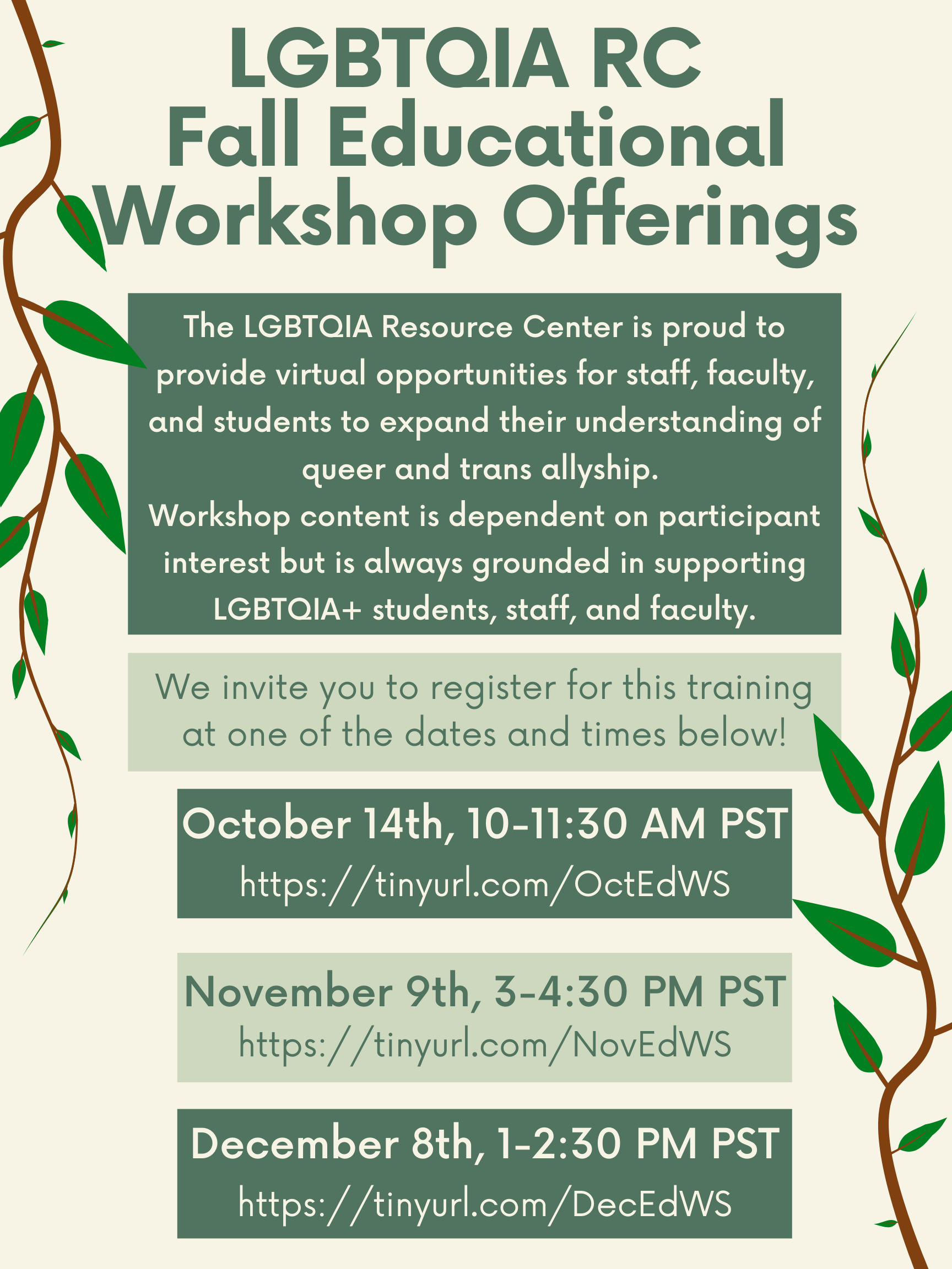 green and cream design with workshop offerings.