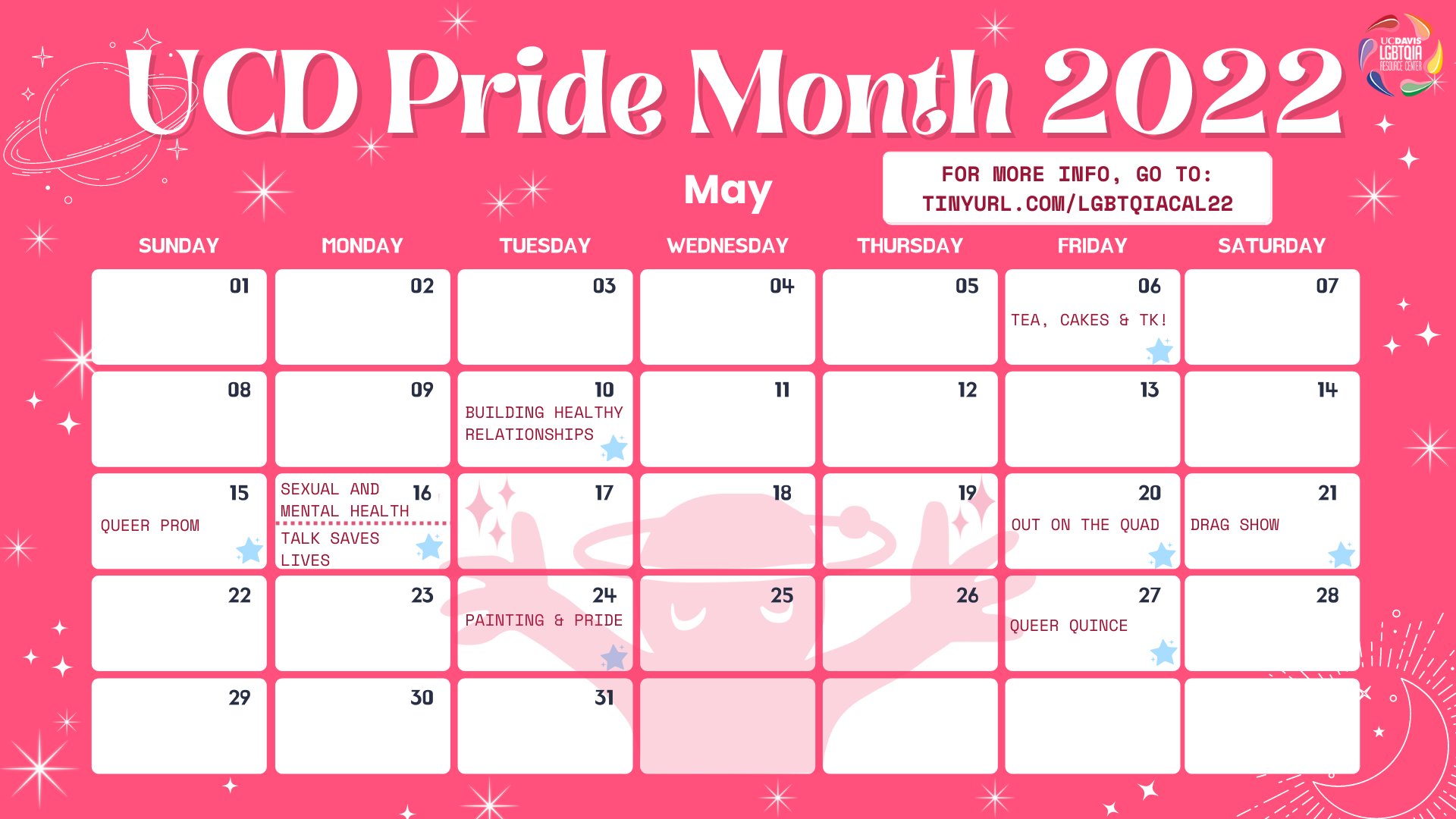 pink calender with space theme and pride dates