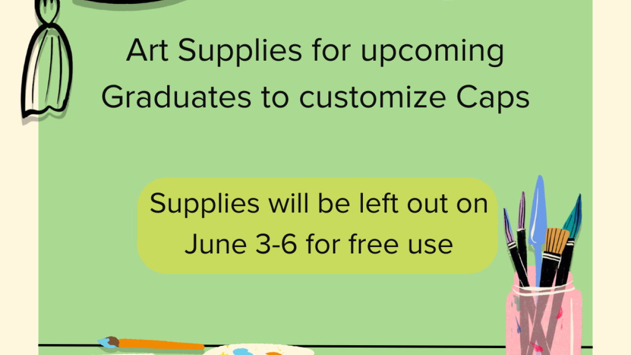 Image of a color graduation cap and a green and beige background image. Text shares information about customizing graduation caps.