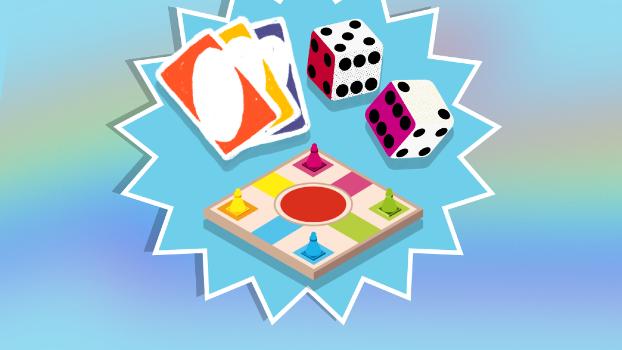 A Blue background with exploding star. Inside of star are uno cards, dice, and a game board. The graphic reads Laugh With Staff.