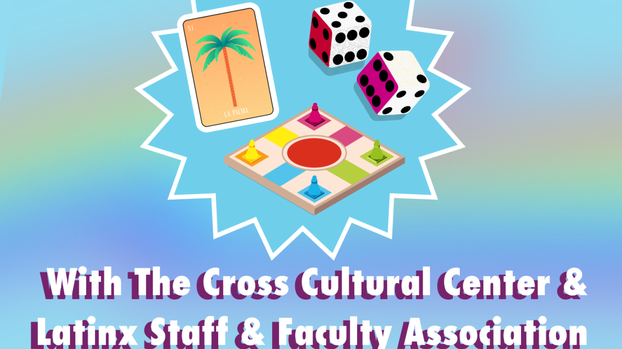 Blue background with exploding star. Inside of star are loteria cards, dice, and a game board. The graphic reads Laugh With Staff: Chisme Hour. Cohosted with the Cross Cultural Center & the Latinx Staff & Faculty Association. 