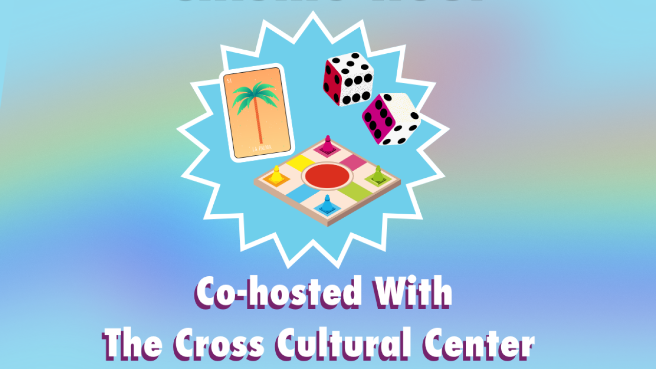 Blue background with exploding star. Inside of star are loteria cards, dice, and a game board. The graphic reads Laugh With Staff: Chisme Hour. Cohosted with the Cross Cultural Center.