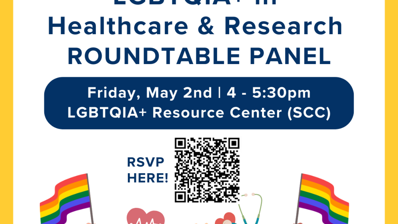 Image of LGBTQ+ In HealthCare & Research Roundtable Panel written in blue. At the bottom of the flyer are several hands of various shades holding up LGBTQ flags & health equipment.