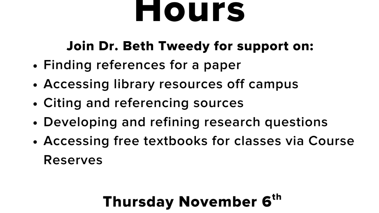 White background with multi cultural hands holding books. The text reads "Library Office Hours. Join Beth Tweedy for  She can help with the following and more: Finding references for a paper Accessing library resources off campus Citing and referencing sources Developing and refining research questions Accessing free textbooks for classes via Course Reserves"
