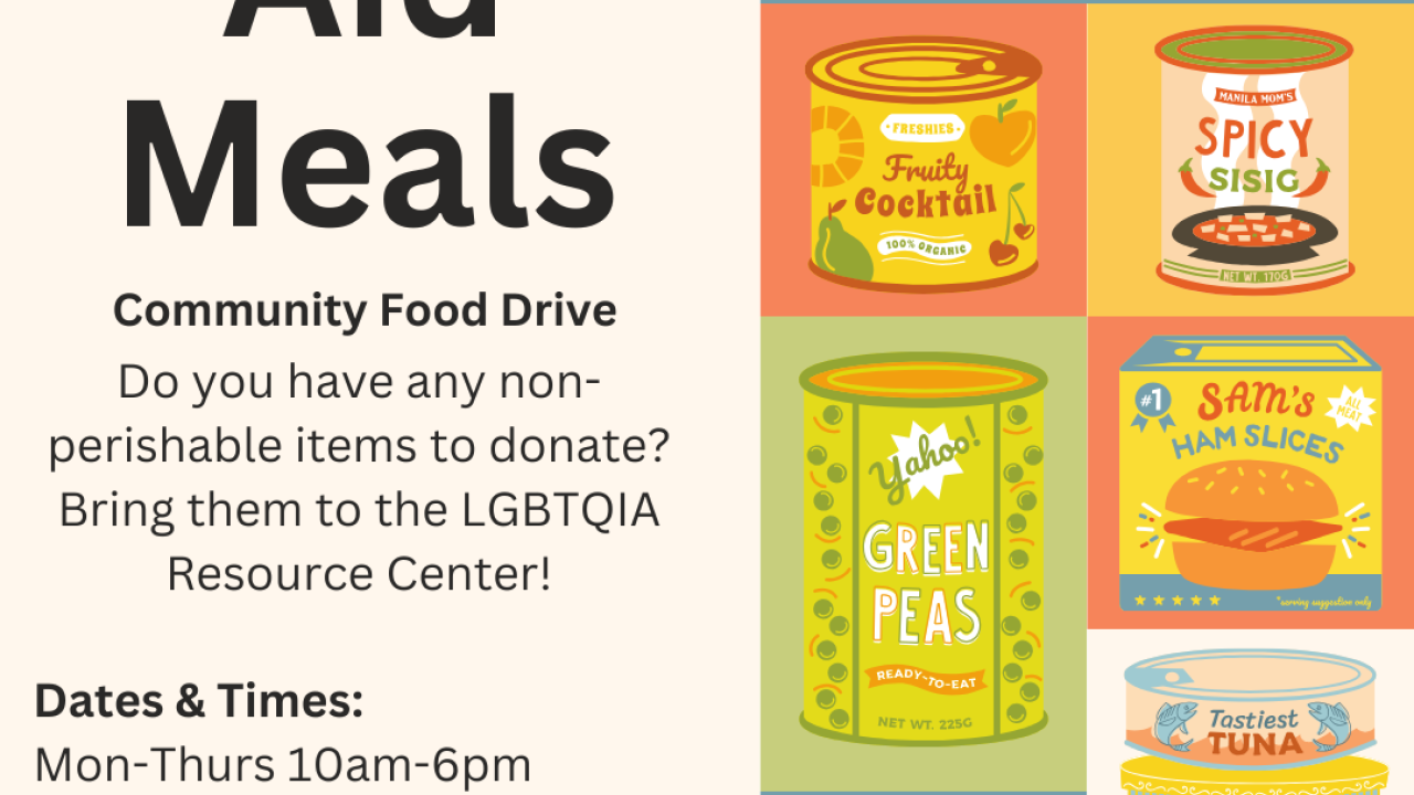 Title is Mutual Aid Meals with a beige background. To the right of the graphic are multi colored cans of assorted canned food items. Text on the left reads " Do you have any non-perishable items to donate? Bring them to the LGBTQIA Resource Center!" "Date & Times Monday-Thursday 10am -6pm, Friday 10am-5pm, Location: LGBTQIA Resource Center" At the bottom left is the LGBTQIA Resource Center logo.