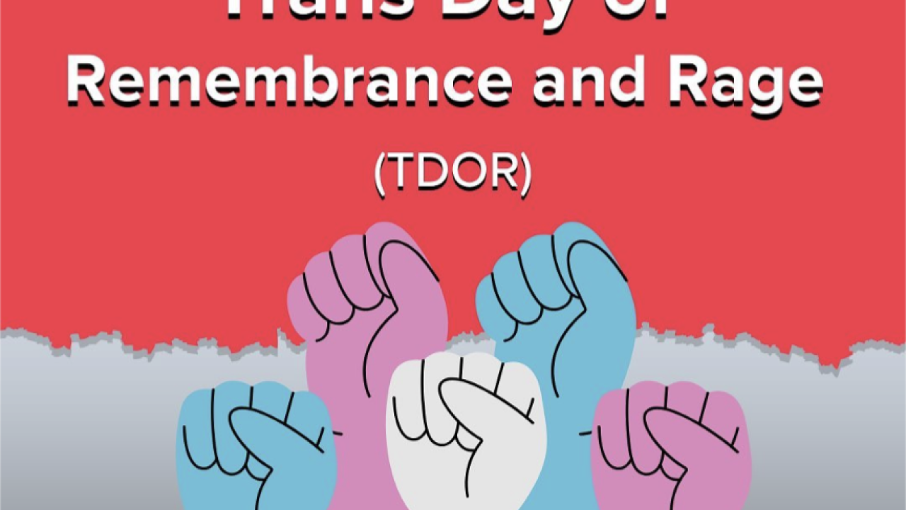 The iage features a gray background with a dark gradient at the bottom. The top half displays a red box with rough edges. Centered in the box is white text with a shadow that reads, "Trans Day of Remembrance and Rage (TDOR)." In the bottom half, slightly overlapping the text box, are five upright, fist raised hands in blue, pink, and white. At the bottom of the image, over the arms, there is a small red text box that states, "November 20, 11am-1-pm LGBTQIA+ Center." Both red boxes have a drop shadow for emp