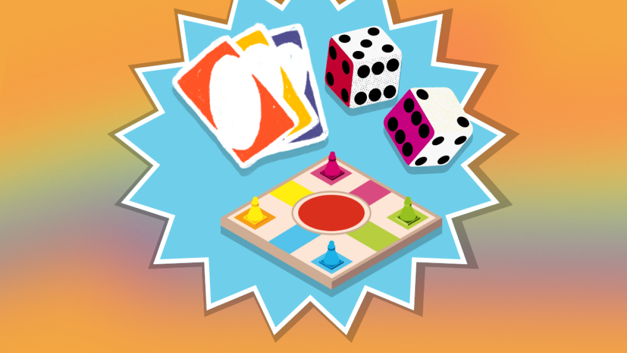 A orange background with exploding star. Inside of star are uno cards, dice, and a game board. The graphic reads Laugh With Staff. 