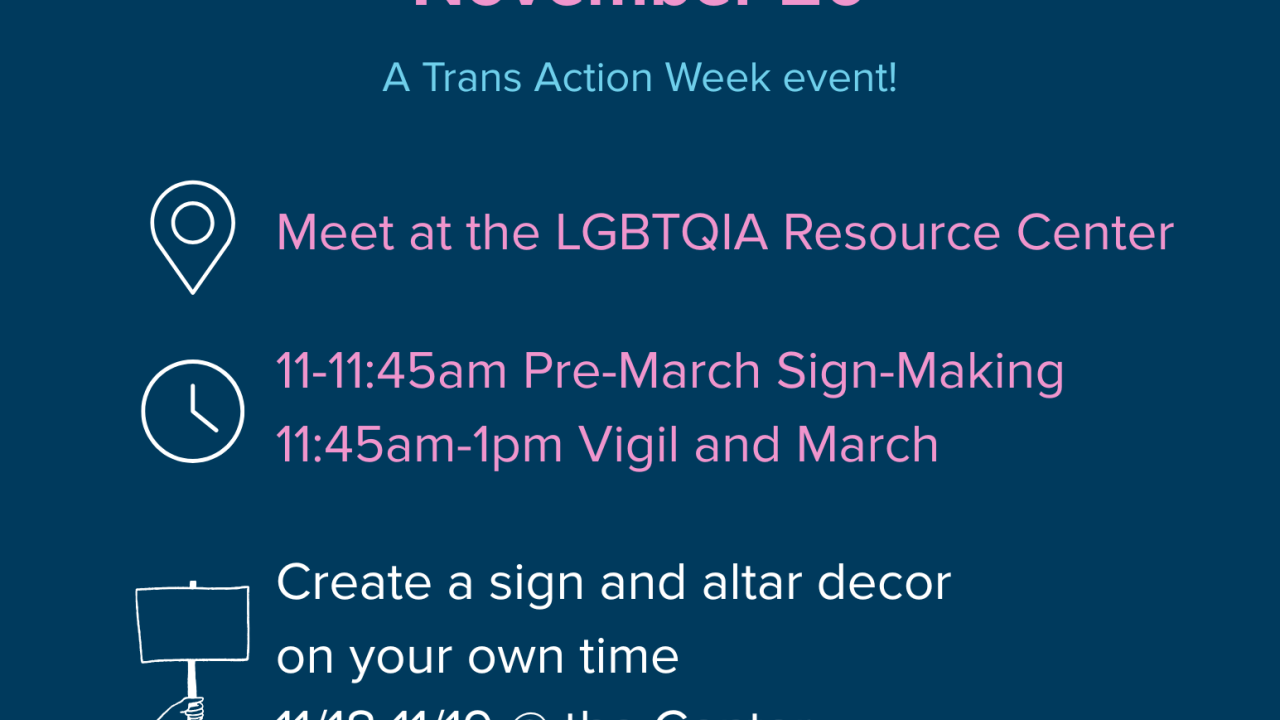 “The image is a vertical graphic with a blend of colors and text that outlines an event for the Trans Day of Remembrance Vigil & March. The background is a gradient of deep blue with splashes of light blue and pink watercolor-like textures at the top.