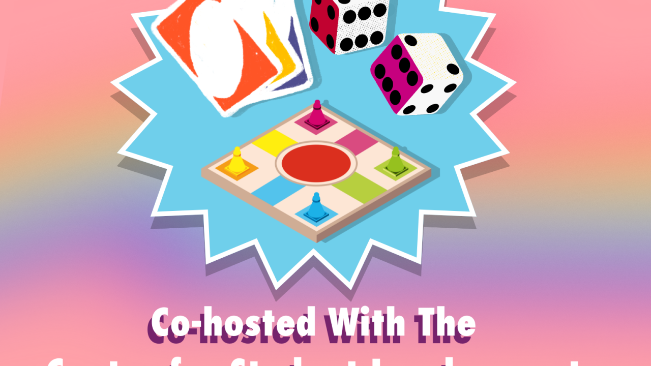 A pink background with exploding star. Inside of star are uno cards, dice, and a game board. The graphic reads Laugh With Staff cohosted with the Center for Student Involvement.