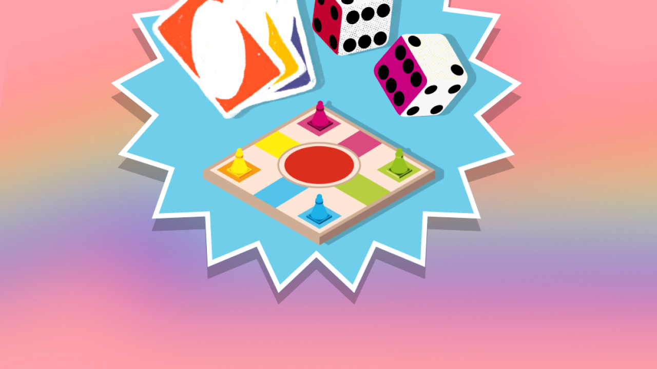 A pink background with exploding star. Inside of star are uno cards, dice, and a game board. The graphic reads Laugh With Staff. 