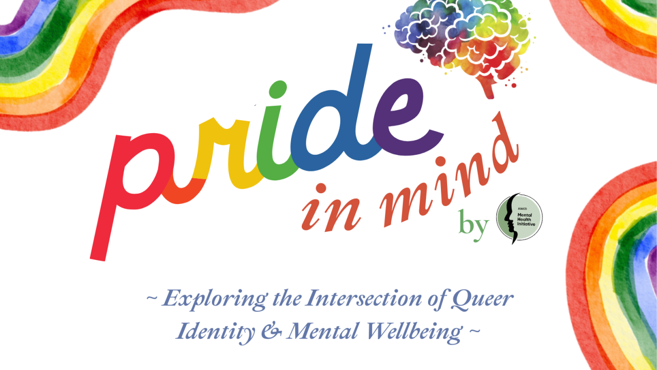 Pride in Mind poster featuring vibrant colors and symbols representing LGBTQ+ pride and mental health awareness.