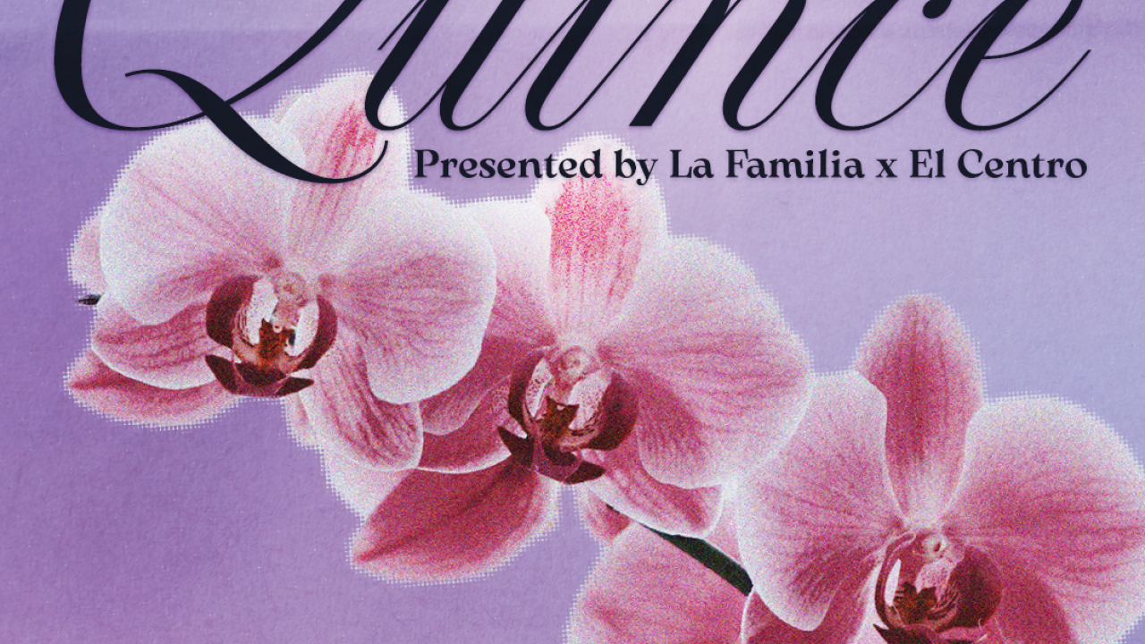 Image of purple background with pink flower. Flyer says "Queer Quince" with several partnering organization logos at the top of the flyer.