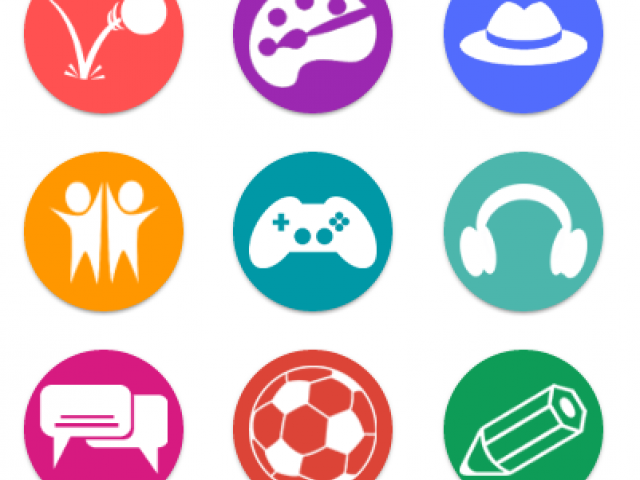 Icons with a ball, art easel, hat, people, games, headphones, chat bubbles, a soccer ball and a pencil