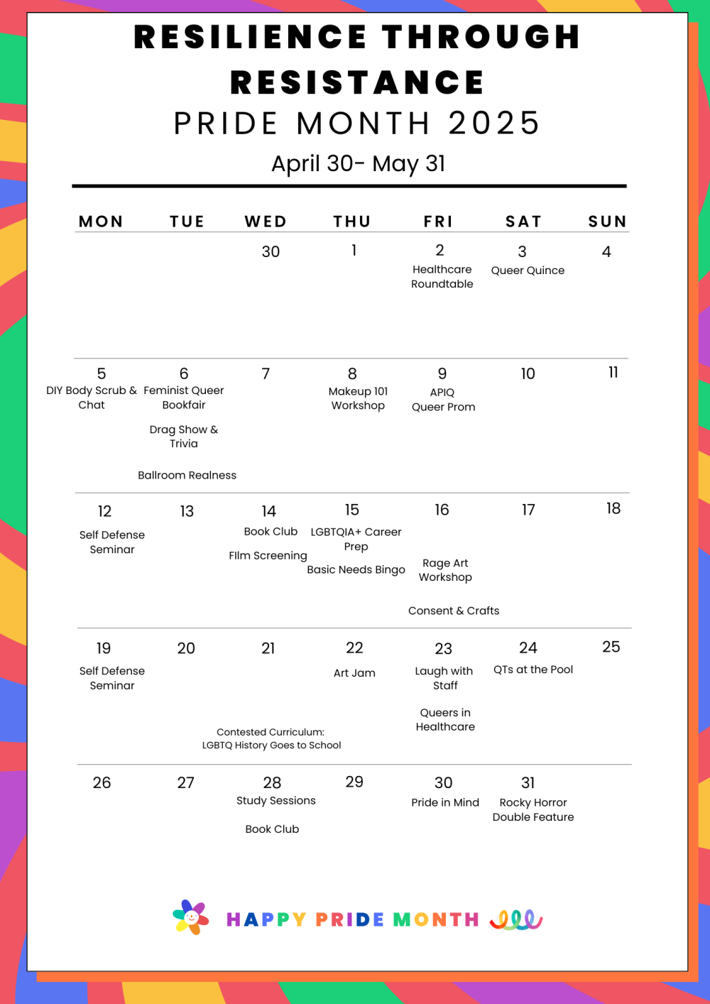 A colorful calendar highlighting events and celebrations for Pride Month, featuring rainbow motifs and important dates.