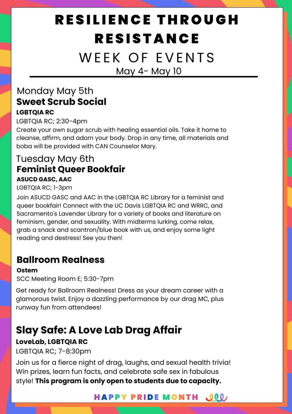 A colorful calendar highlighting events and celebrations for Pride Month, featuring rainbow motifs and important dates.