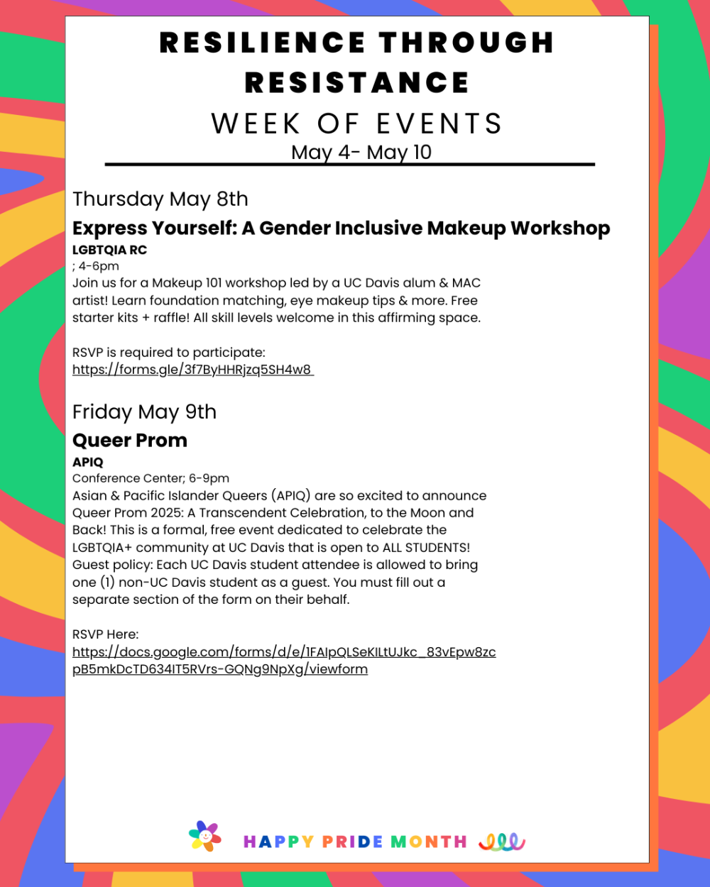 A colorful calendar highlighting events and celebrations for Pride Month, featuring rainbow motifs and important dates.