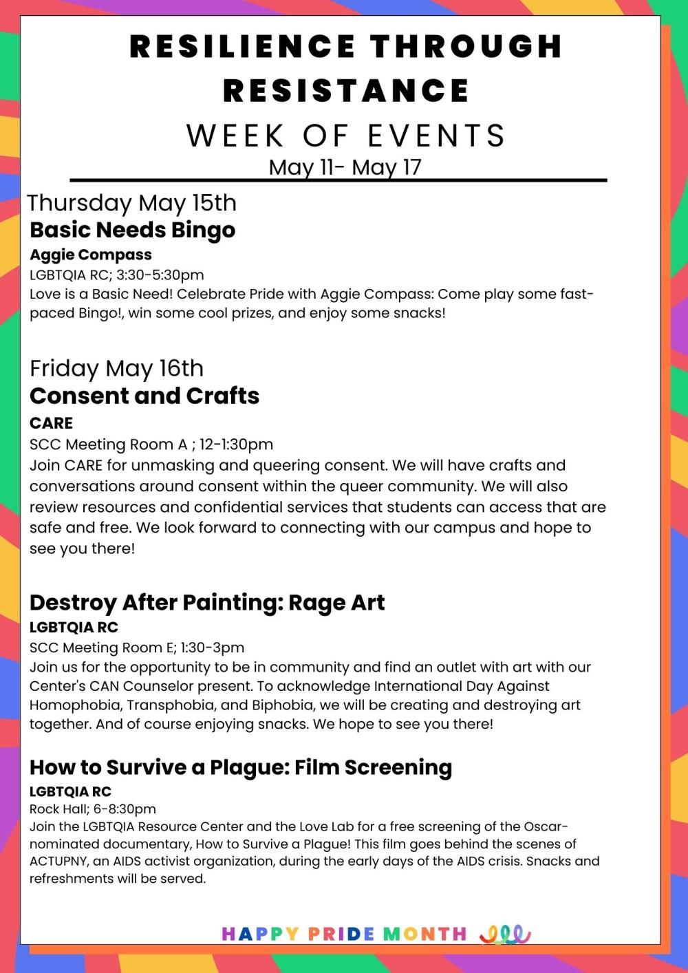 A colorful calendar highlighting events and celebrations for Pride Month, featuring rainbow motifs and important dates.