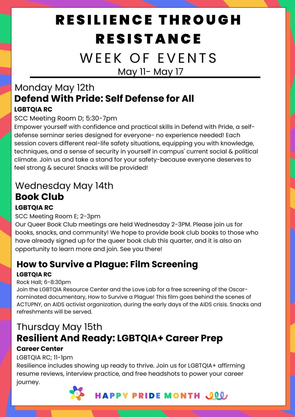 A colorful calendar highlighting events and celebrations for Pride Month, featuring rainbow motifs and important dates.