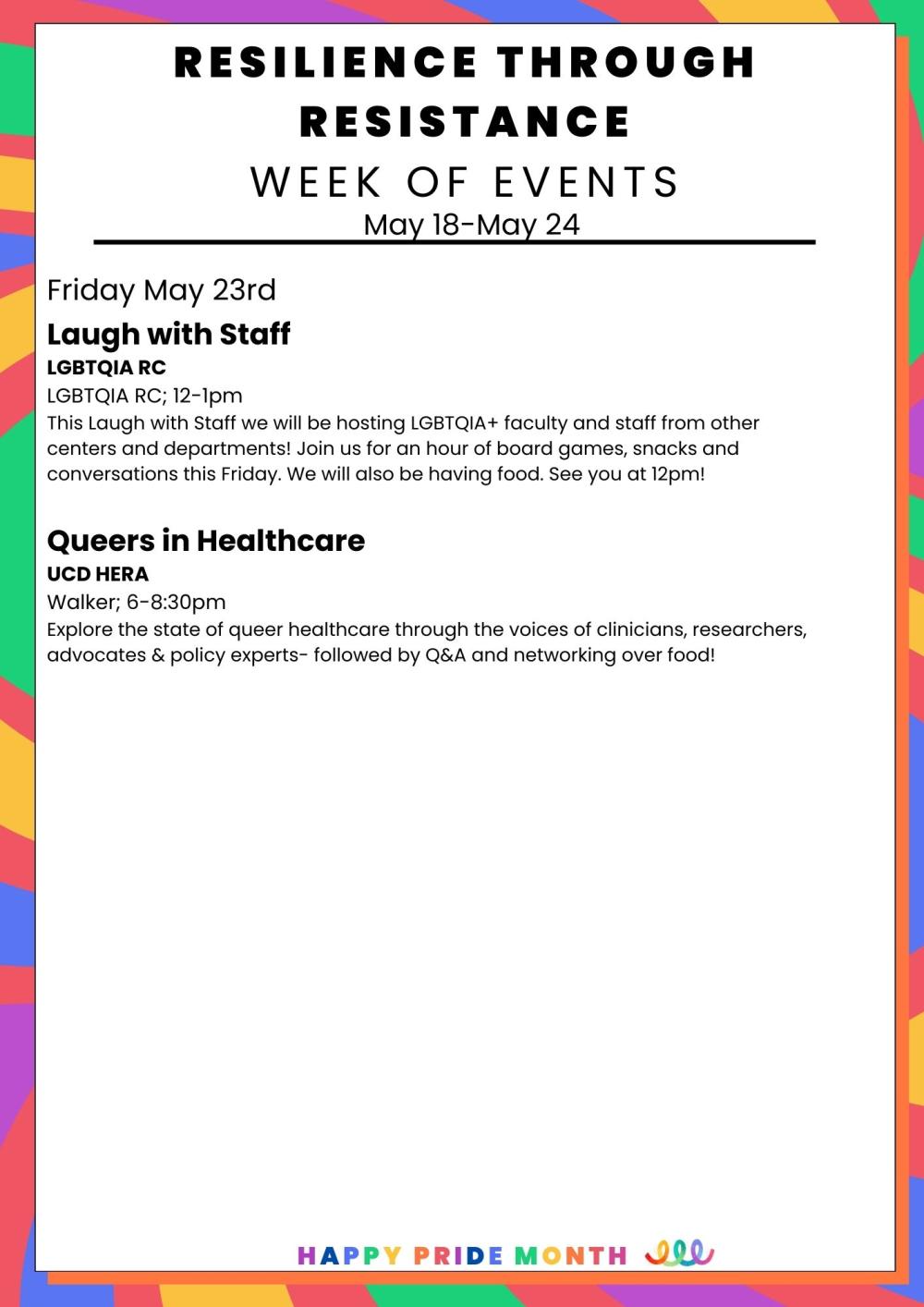 A colorful calendar highlighting events and celebrations for Pride Month, featuring rainbow motifs and important dates.