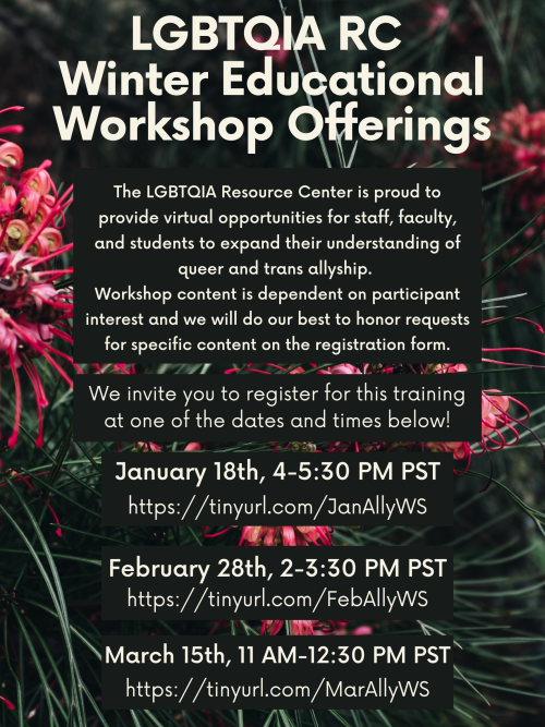 Black, green, and red poster with white text talking about various educational workshop opportunities