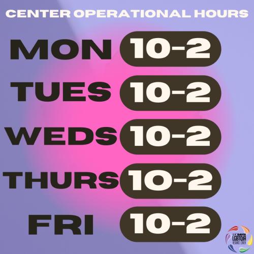 pink and purple gradient showing our summer hours, M-F 10-2