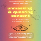 Unmasking & queer concern flyer featuring bold text and colorful graphics promoting LGBTQ+ awareness and support.