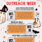 Colorfulful background with halloween decor. Three organge text boxes layered from top to bottom indicating severeal dates and times for Cal Fresh Outreach Week basic needs programming week. 