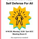 Image with a white background & pink border. The event title states "Defend with Pride: Self Defense for All". In the middle of the graphic is a person with a green & yellow spiked background around them.