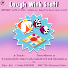 Poster promoting the "Laugh with Staff" event, featuring cheerful graphics and event details.