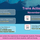 A dark blue and teal graphic flier titled “Trans Day of Remembrance Vigil & March – November 20.” It notes the event is part of Trans Action Week at UC Davis. The flier includes two beige candles and event details: “Location: Meet at the LGBTQIA Resource Center." "Time: 11–11:45 a.m. Pre-March Sign-Making. 11:45 a.m.–1 p.m. Vigil and March.” Participants are encouraged to include a photo of their lost loved one at the Trans Community Memorial Altar and can create a sign and add to the altar between November