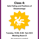 Image with a white background & purple border. The event title states "Defend with Pride: Class 4". In the middle of the graphic is a person with a yellow spiked background around them.