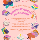 A vibrant poster promoting the feminist queer book fair, featuring colorful graphics and bold text highlighting the event details.