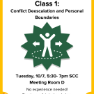 Image with white background and green explosion with white graphic stick figure in the middle. Top center text reads: Defend with Pride: Class 1. Bottom center text reads Tuesday from 5:30-7pm in the SCC Meeting Room D. No experience needed.