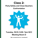 Image with a white background & green border. The event title states "Defend with Pride: Self Defense for All". In the middle of the graphic is a person with a blue spiked background around them.