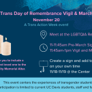 “The image is a vertical graphic with a blend of colors and text that outlines an event for the Trans Day of Remembrance Vigil & March. The background is a gradient of deep blue with splashes of light blue and pink watercolor-like textures at the top.